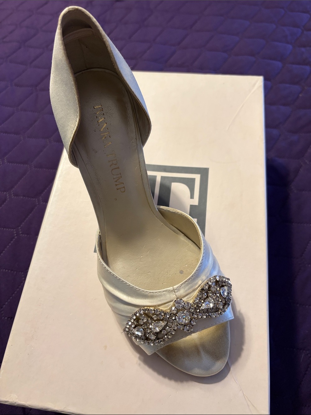 Ivanka Trump Ivory Satin Heel with Crystal Embellishment and gold tone heel